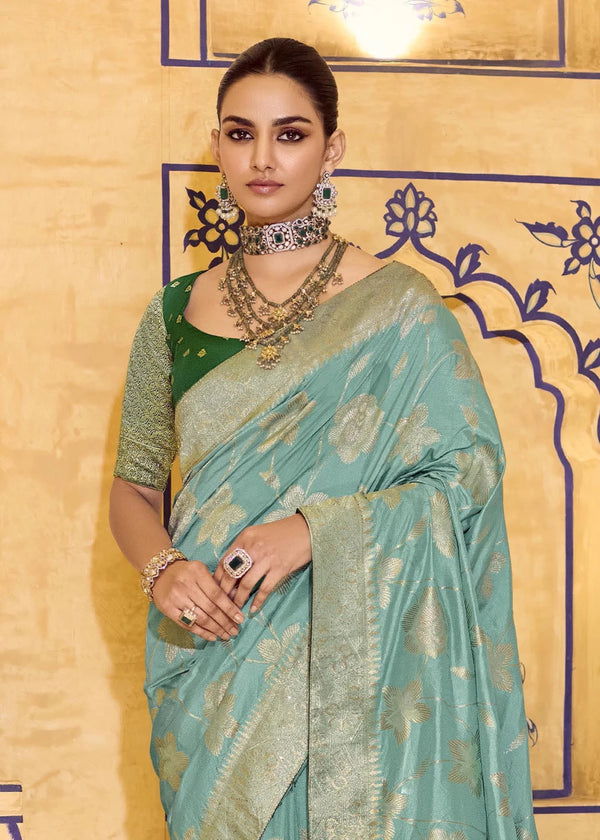 Sky Blue Banarasi Crepe Silk Saree with Dark Green Contrast Blouse