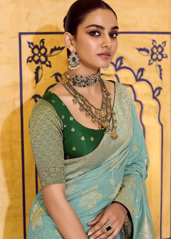 Sky Blue Banarasi Crepe Silk Saree with Dark Green Contrast Blouse