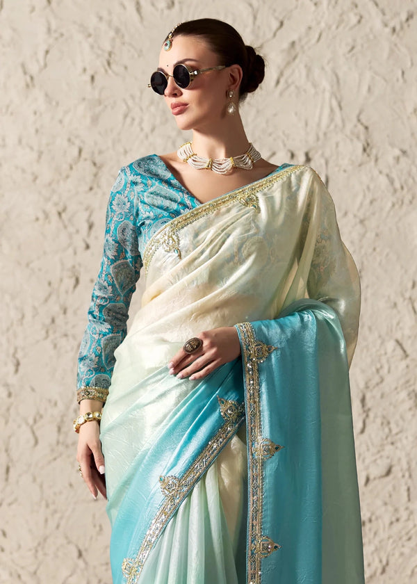 Sky Blue Ivory Ombre Organza Saree