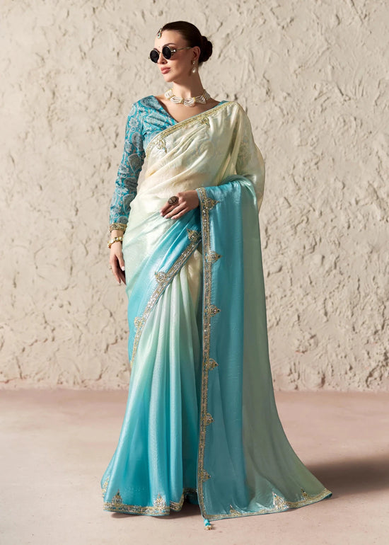Sky Blue Ivory Ombre Organza Saree