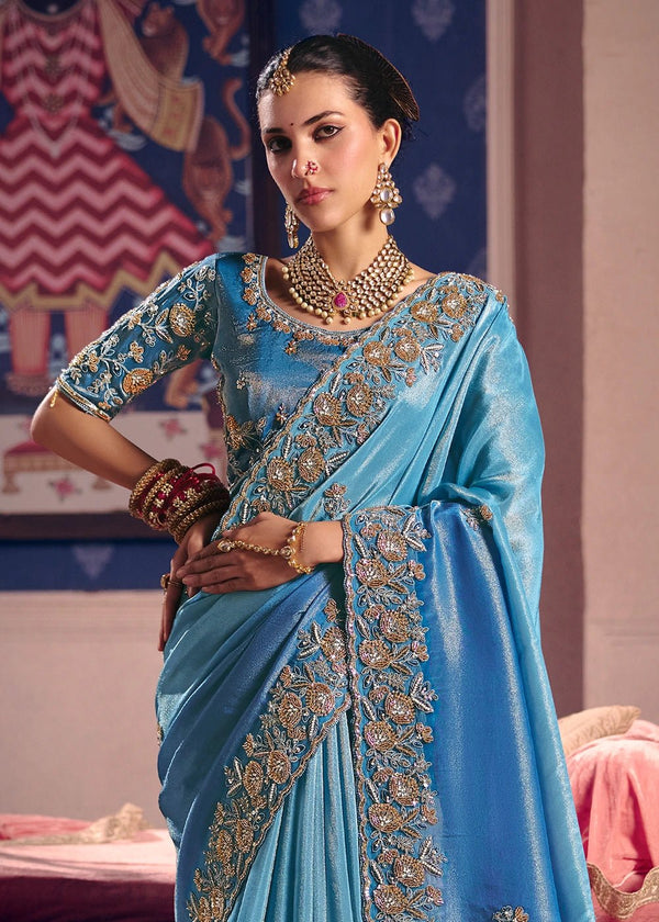 Sky Blue Zari Tissue Designer Embroidered Saree