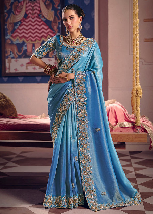 Sky Blue Zari Tissue Designer Embroidered Saree