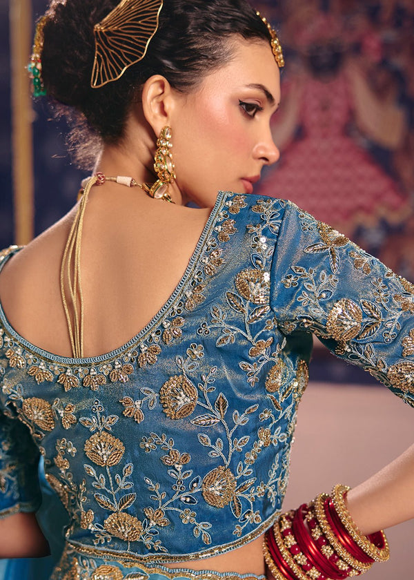 Sky Blue Zari Tissue Designer Embroidered Saree