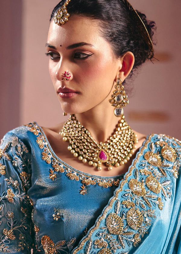 Sky Blue Zari Tissue Designer Embroidered Saree