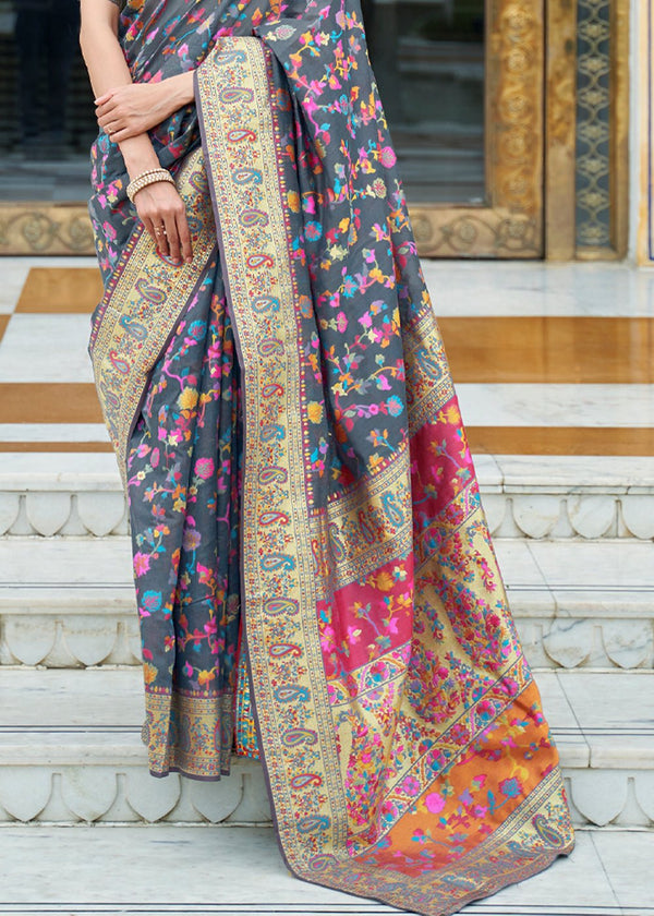 Slate Grey Kashmiri Jamawar Banarasi Saree