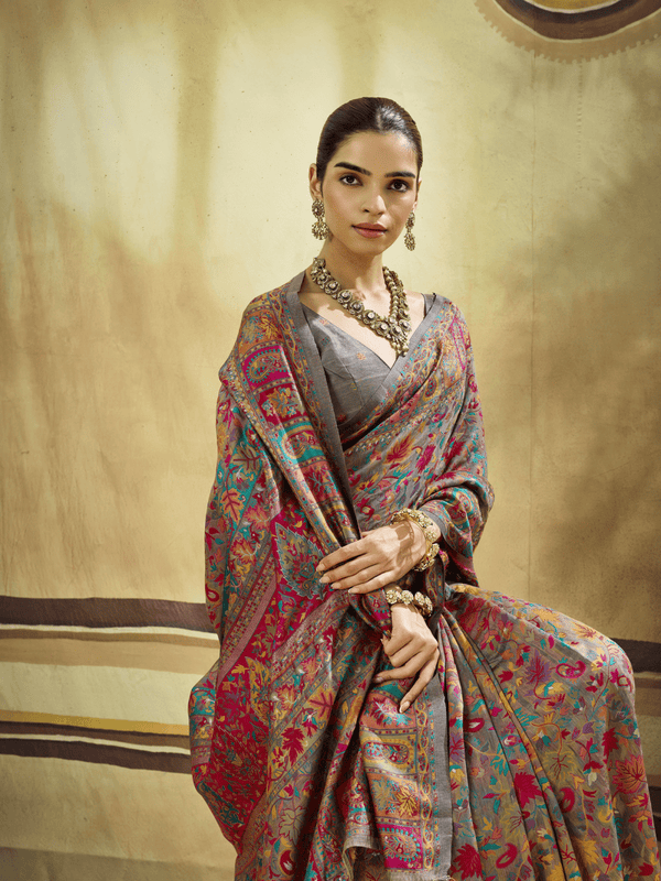 Slate Grey Kashmiri Kani Handloom Cotton Silk Saree
