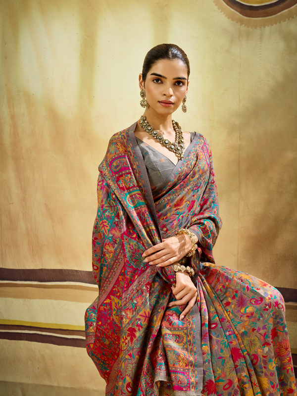 Slate Grey Kashmiri Kani Handloom Cotton Silk Saree