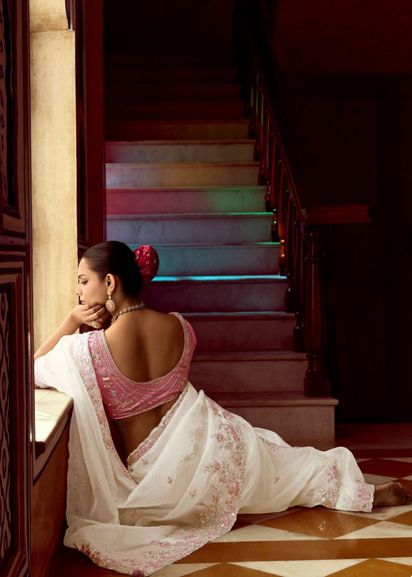 Snow White Designer Organza Silk Saree With Floral Embroidery