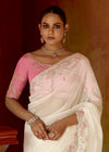 Snow White Designer Organza Silk Saree With Floral Embroidery