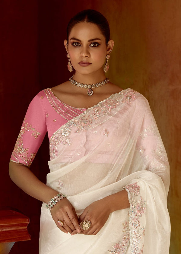 Snow White Designer Organza Silk Saree With Floral Embroidery