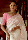 Snow White Designer Organza Silk Saree With Floral Embroidery
