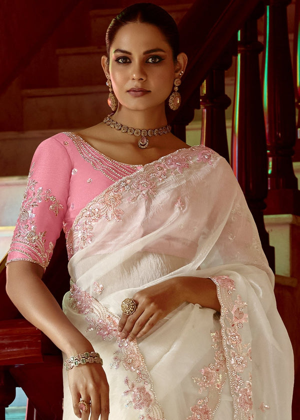 Snow White Designer Organza Silk Saree With Floral Embroidery