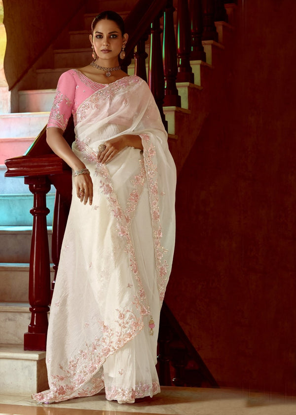 Snow White Designer Organza Silk Saree With Floral Embroidery