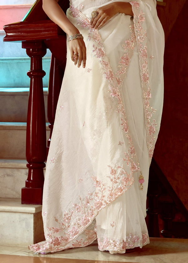 Snow White Designer Organza Silk Saree With Floral Embroidery
