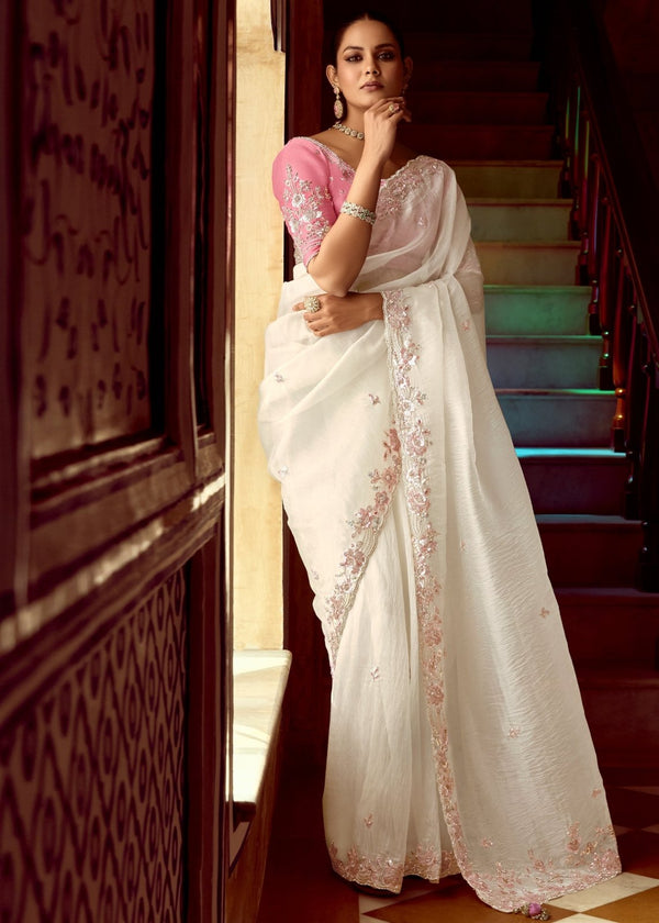 Snow White Designer Organza Silk Saree With Floral Embroidery