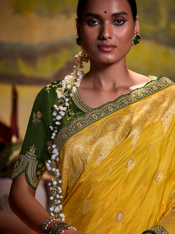 Marigold Yellow Banarasi Satin Silk Saree With Contrast Blouse