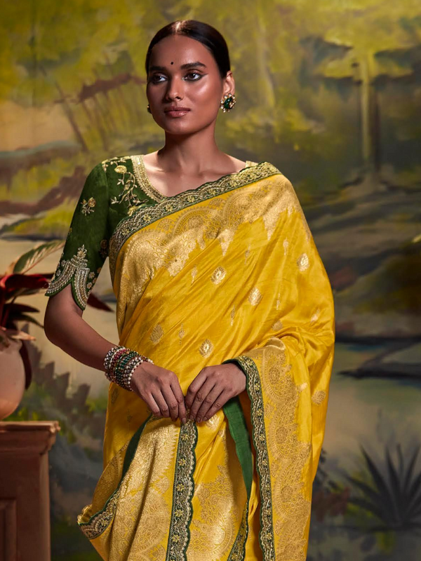 Marigold Yellow Banarasi Satin Silk Saree With Contrast Blouse