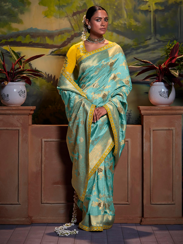 Sea Green Banarasi Satin Silk Saree With Contrast Blouse