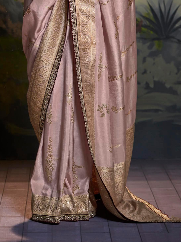 Blush Pink Banarasi Tissue Silk Saree With Contrast Blouse