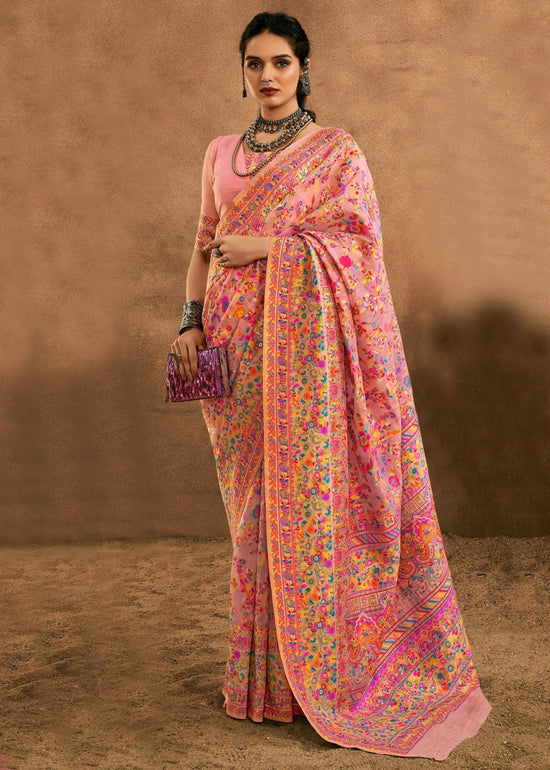 Soft Baby Pink Kashmiri Chinar Cotton Pashmina Saree