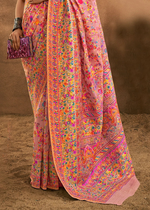 Soft Baby Pink Kashmiri Chinar Cotton Pashmina Saree