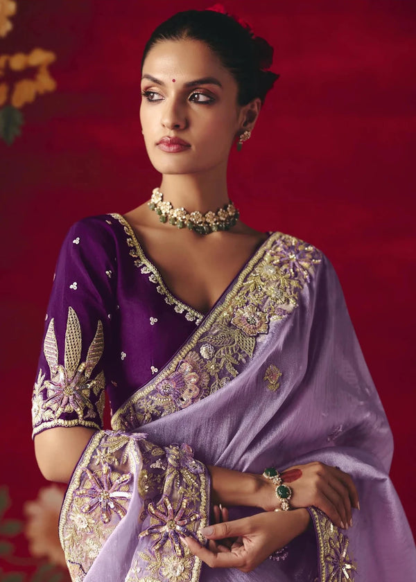 Soft Lavender Designer Silk Saree with Purple Contrast Blouse