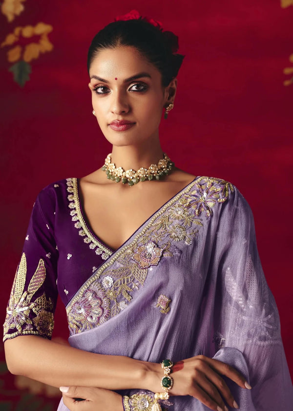 Soft Lavender Designer Silk Saree with Purple Contrast Blouse