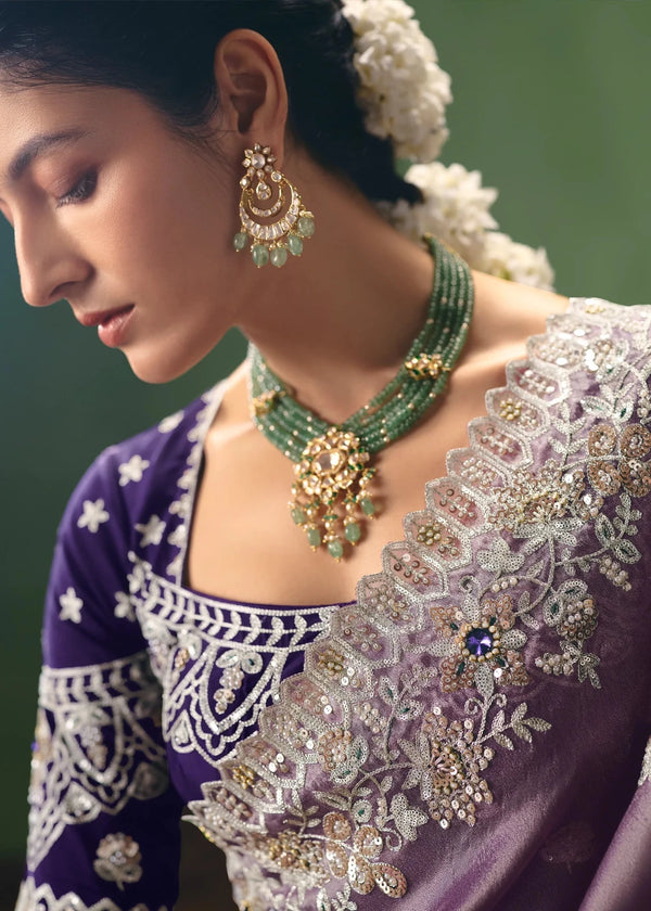Soft Lavender Organza Silk Saree with Purple Contrast Blouse