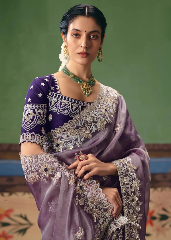 Soft Lavender Organza Silk Saree with Purple Contrast Blouse