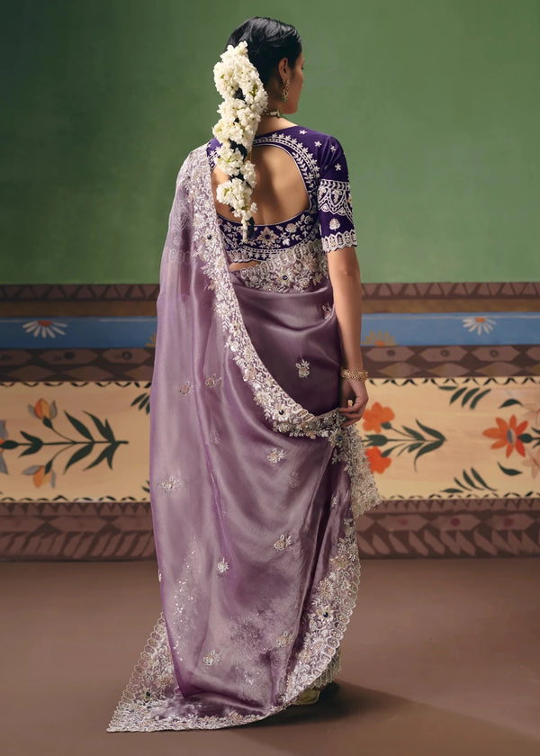 Soft Lavender Organza Silk Saree with Purple Contrast Blouse