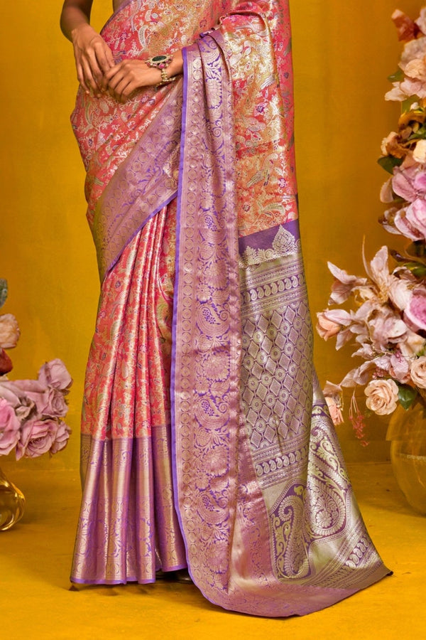 Soft Pink And Lavender Kanjivaram Silk Saree with Gold Zari