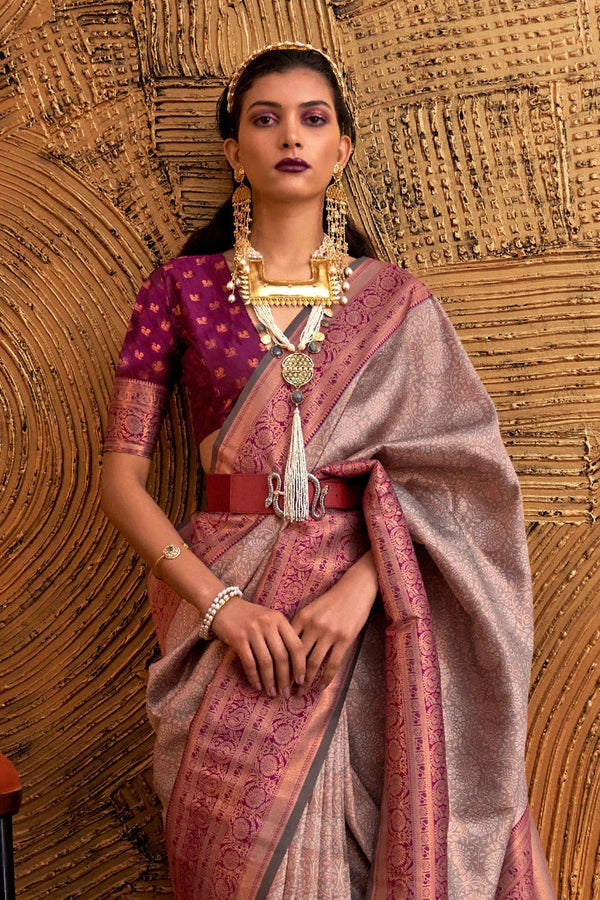 Sonic Silver Grey Woven Kanjivaram Handloom Silk Saree