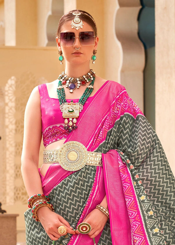 Space Grey And Strawberry Pink Woven Printed Patola Silk Saree