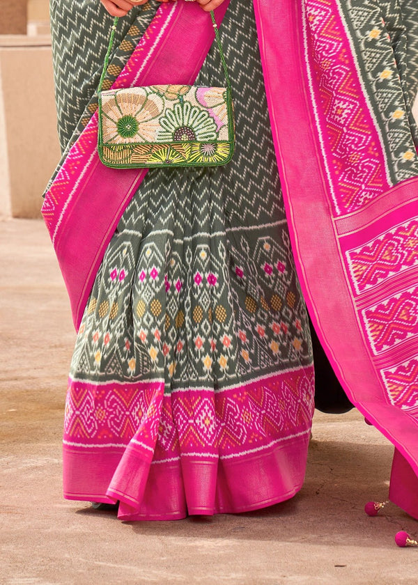 Space Grey And Strawberry Pink Woven Printed Patola Silk Saree