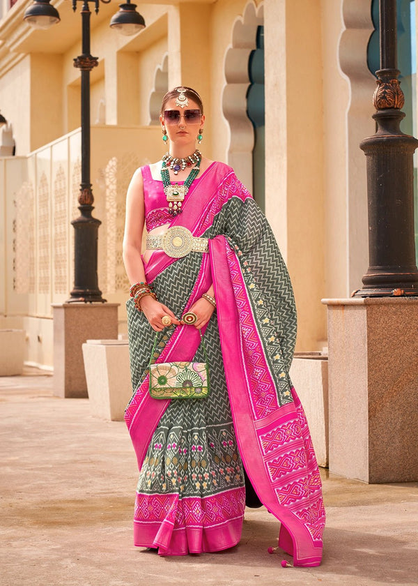 Space Grey And Strawberry Pink Woven Printed Patola Silk Saree