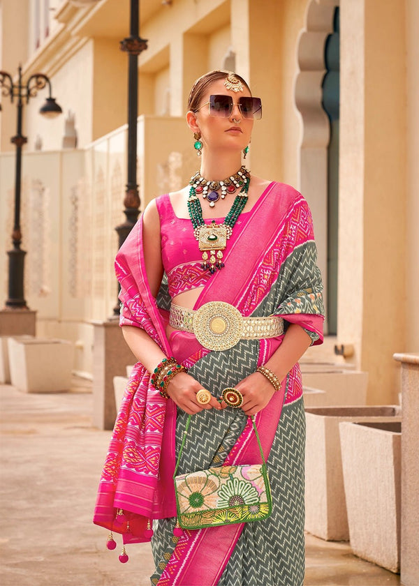 Space Grey And Strawberry Pink Woven Printed Patola Silk Saree