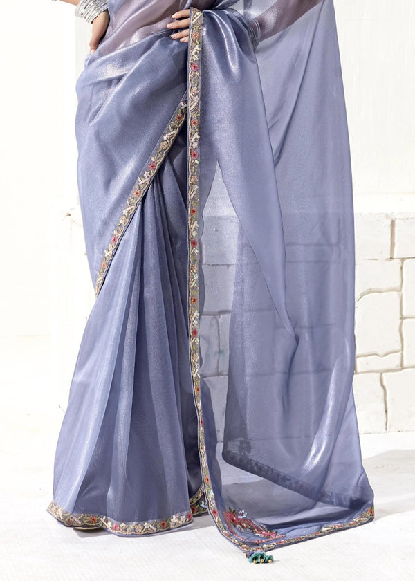 Steel Blue and Mauve Organza Tissue Silk Saree