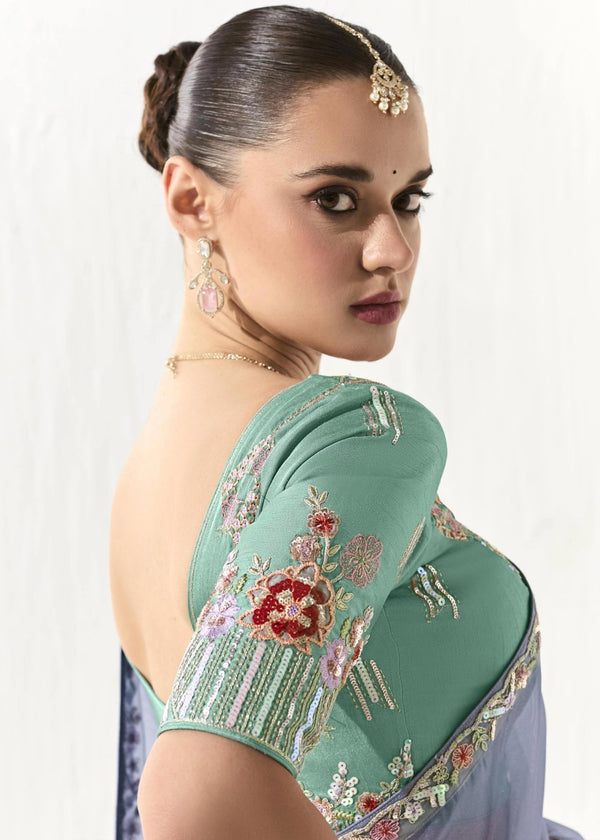 Steel Blue and Mauve Organza Tissue Silk Saree