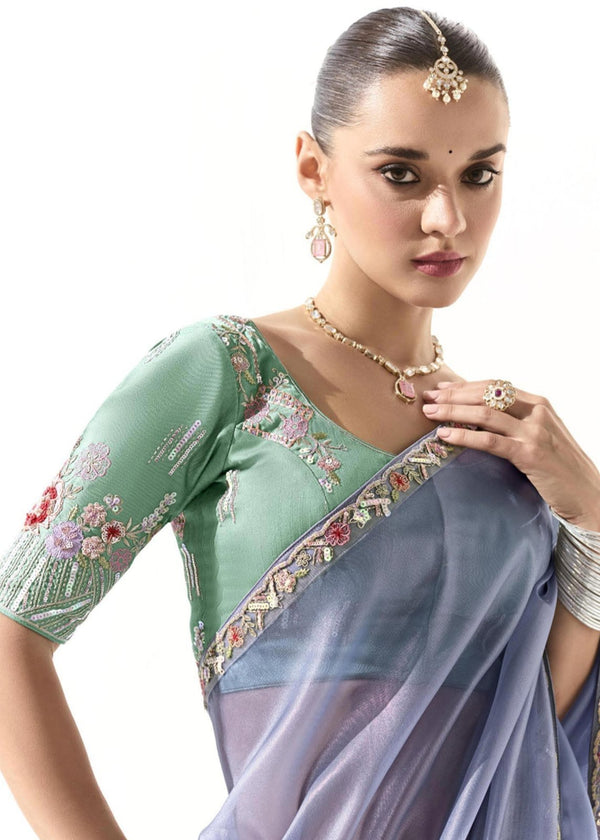 Steel Blue and Mauve Organza Tissue Silk Saree