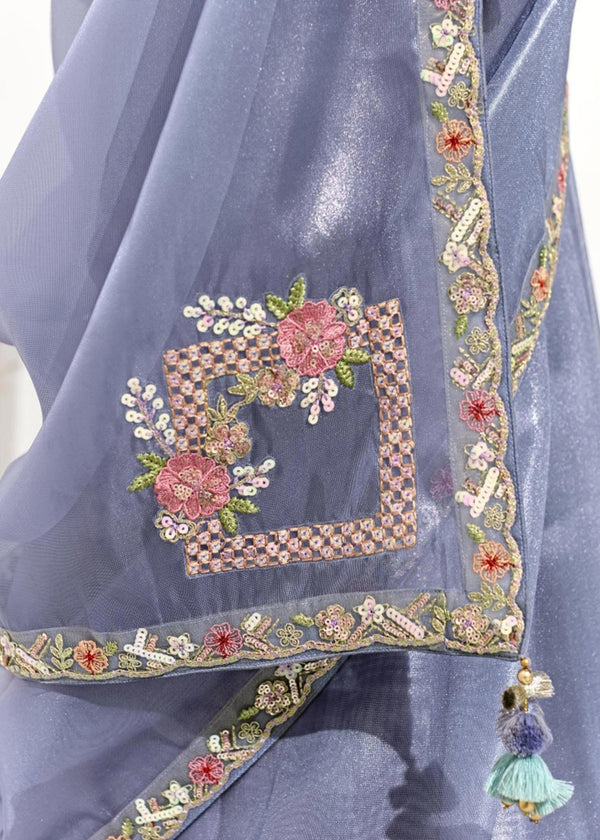 Steel Blue and Mauve Organza Tissue Silk Saree