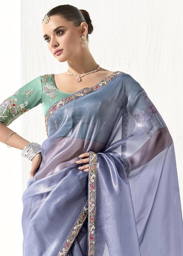 Steel Blue and Mauve Organza Tissue Silk Saree