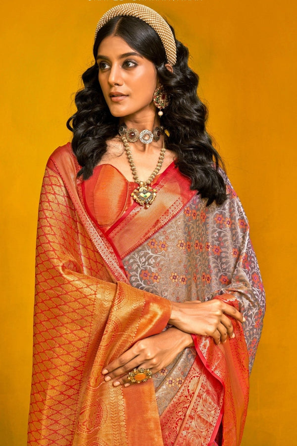 Steel Blue And Orange Kanjivaram Silk Saree with Gold Zari