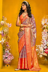 Steel Blue And Orange Kanjivaram Silk Saree with Gold Zari
