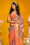 Steel Blue And Orange Kanjivaram Silk Saree with Gold Zari