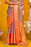 Steel Blue And Orange Kanjivaram Silk Saree with Gold Zari