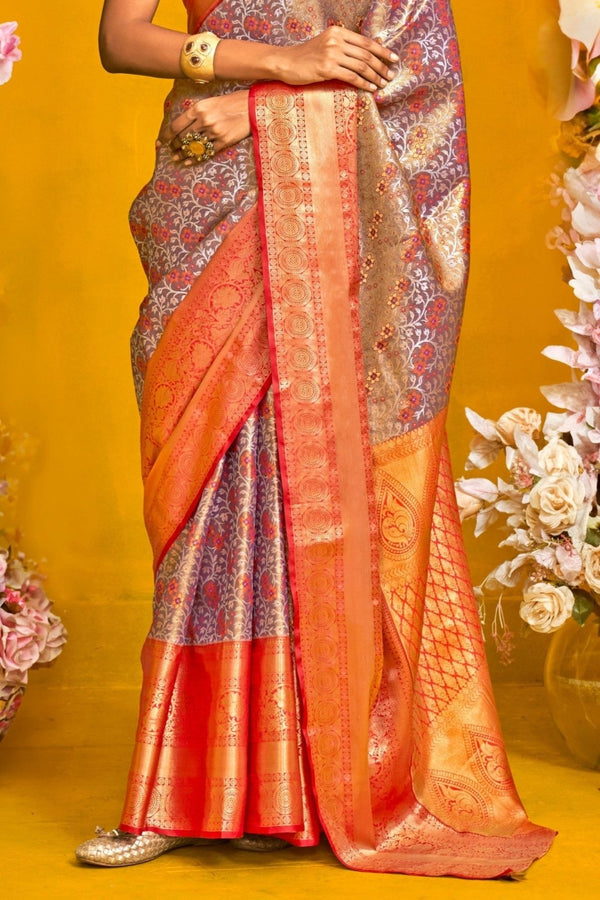 Steel Blue And Orange Kanjivaram Silk Saree with Gold Zari