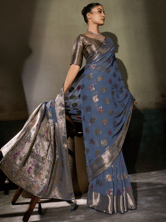 Steel Blue Banarasi Georgette Saree With Contrast Blouse