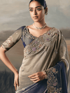 Steel Blue Embroidered Designer Organza Silk Saree