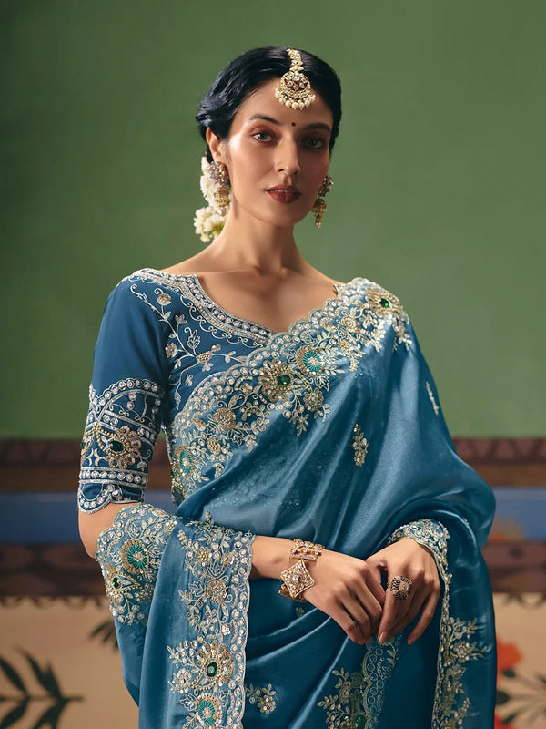 Steel Blue Georgette Silk Saree