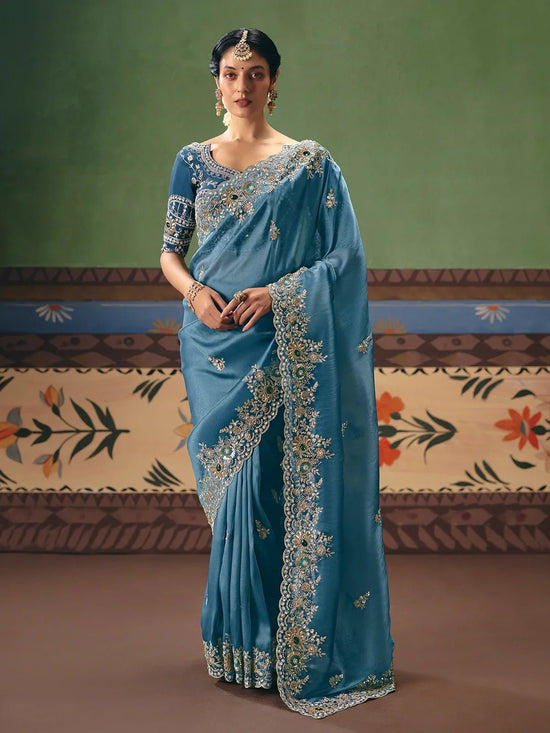 Steel Blue Georgette Silk Saree